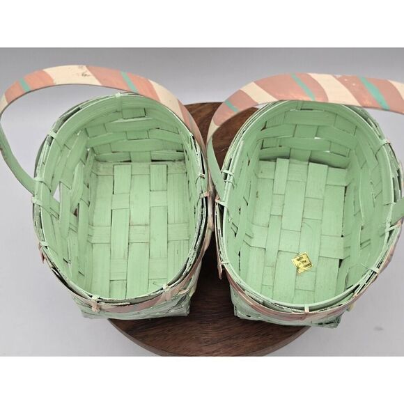 2 Vintage Mint Pink Painted Small Easter Basket Chicks Eggs Stripes Bow - Picture 4 of 12